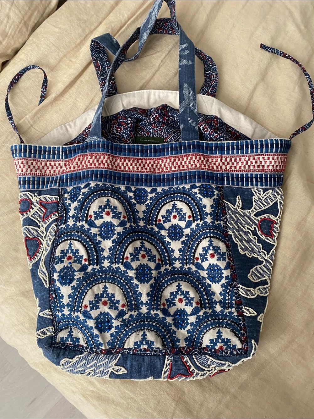 Anthropology Blue and White Patterned Tote Bag